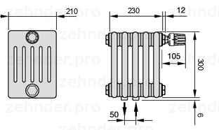 Схема (чертеж) Радиатор Zehnder Charleston 6030/5 №V008 Белый глянцевый RAL 9016